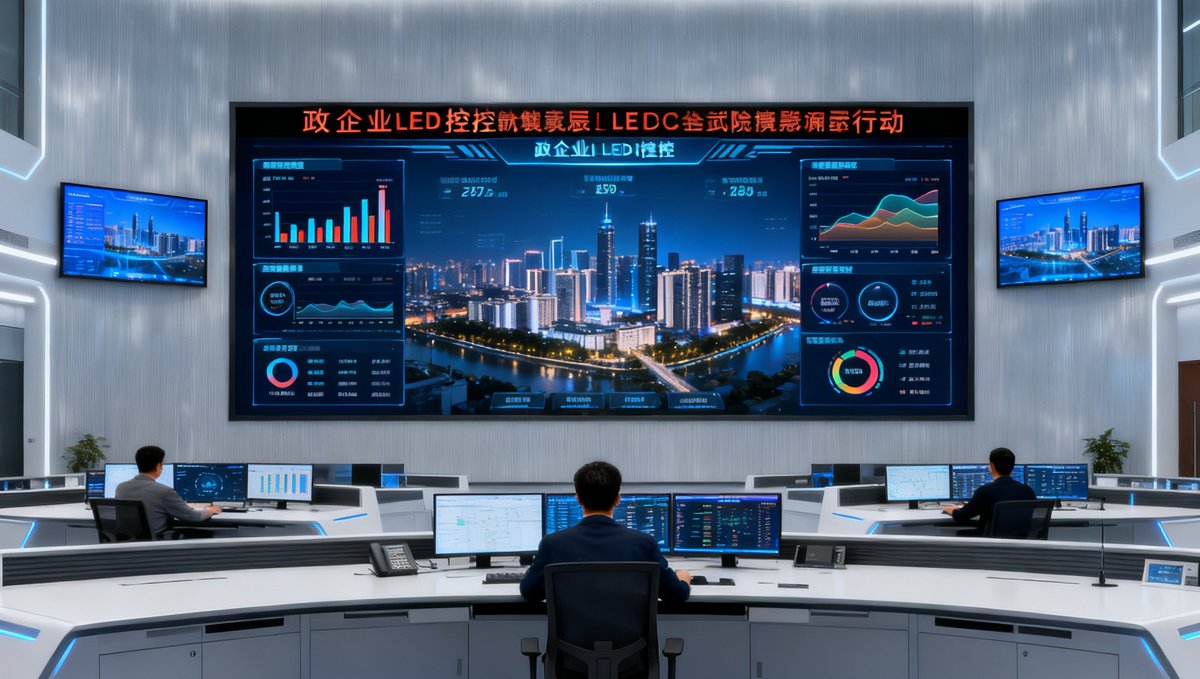 政企全控中心室内全景，正面是一块微间距LED大屏显示着数据可视化图表，两侧配有辅助显示屏，操作台前工作人员正在监控城市运行指标。